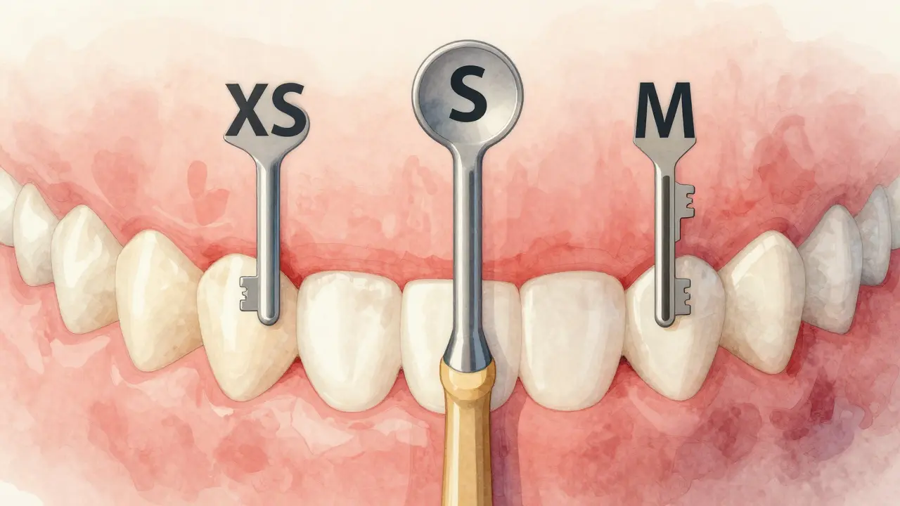 Tři velikosti mezizubních kartáčků perfektně pasující do různých mezer mezi zuby.
