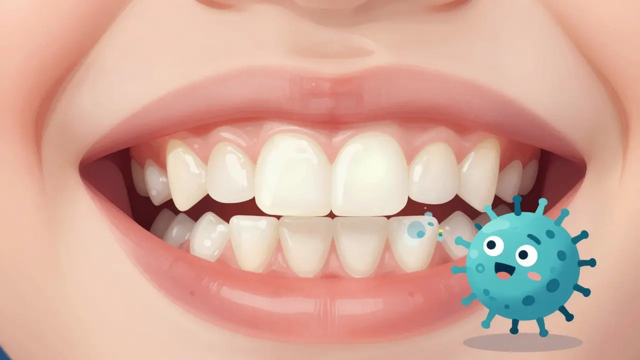 Zdravé mléčné zuby s viditelnou fluoridovou ochranou a odcházejícími bakteriemi.