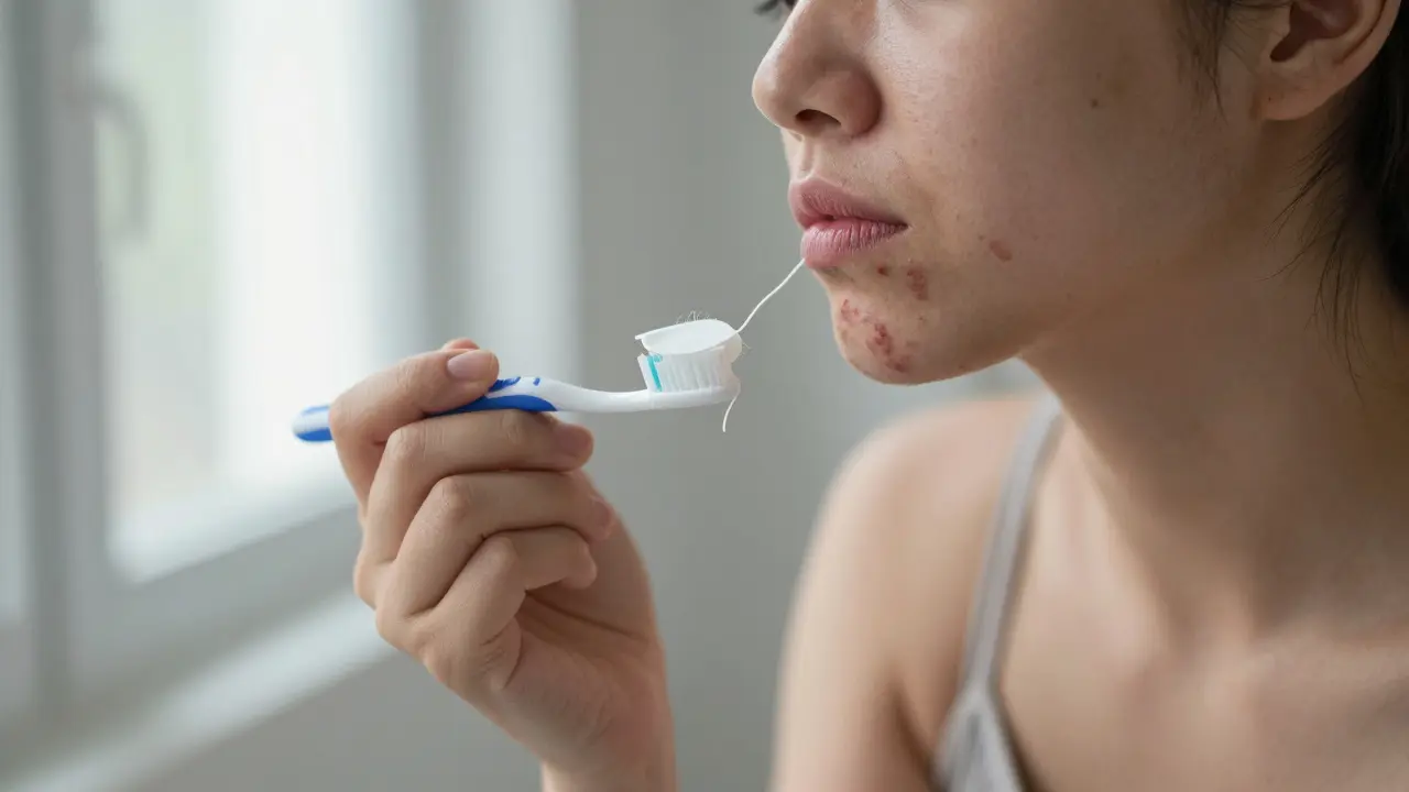 Žena s akne kolem úst, dívající se na zubní kartáček a zubní nit na umyvadle.