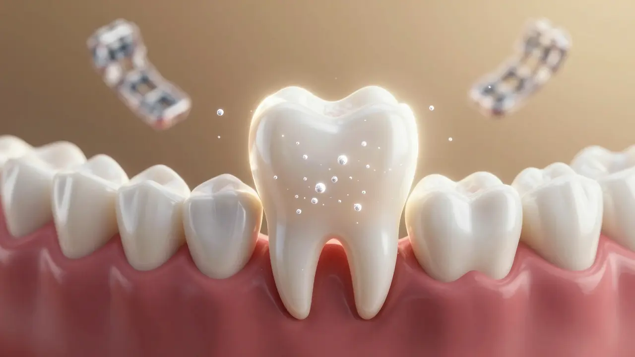 Zub se obnovuje mikroskopickými krystaly hydroxyapatitu a fluoridu.