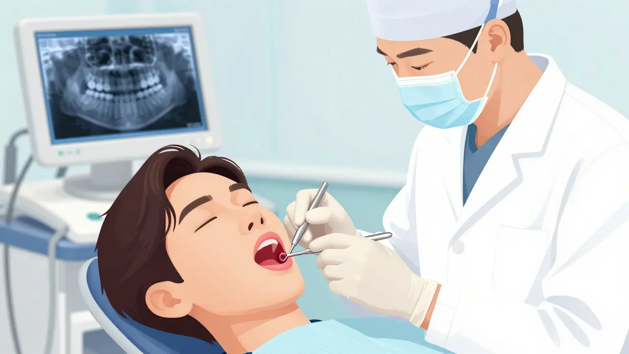 Zubař provádí operaci jazykové pásky u pacienta v klinice, s rentgenem na pozadí.