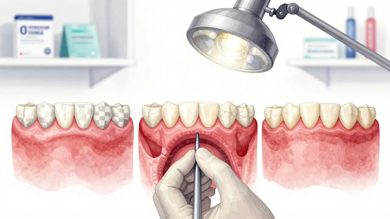 Zubní lékař prohlíží tři typy poškození zubů způsobených domácím bělením.