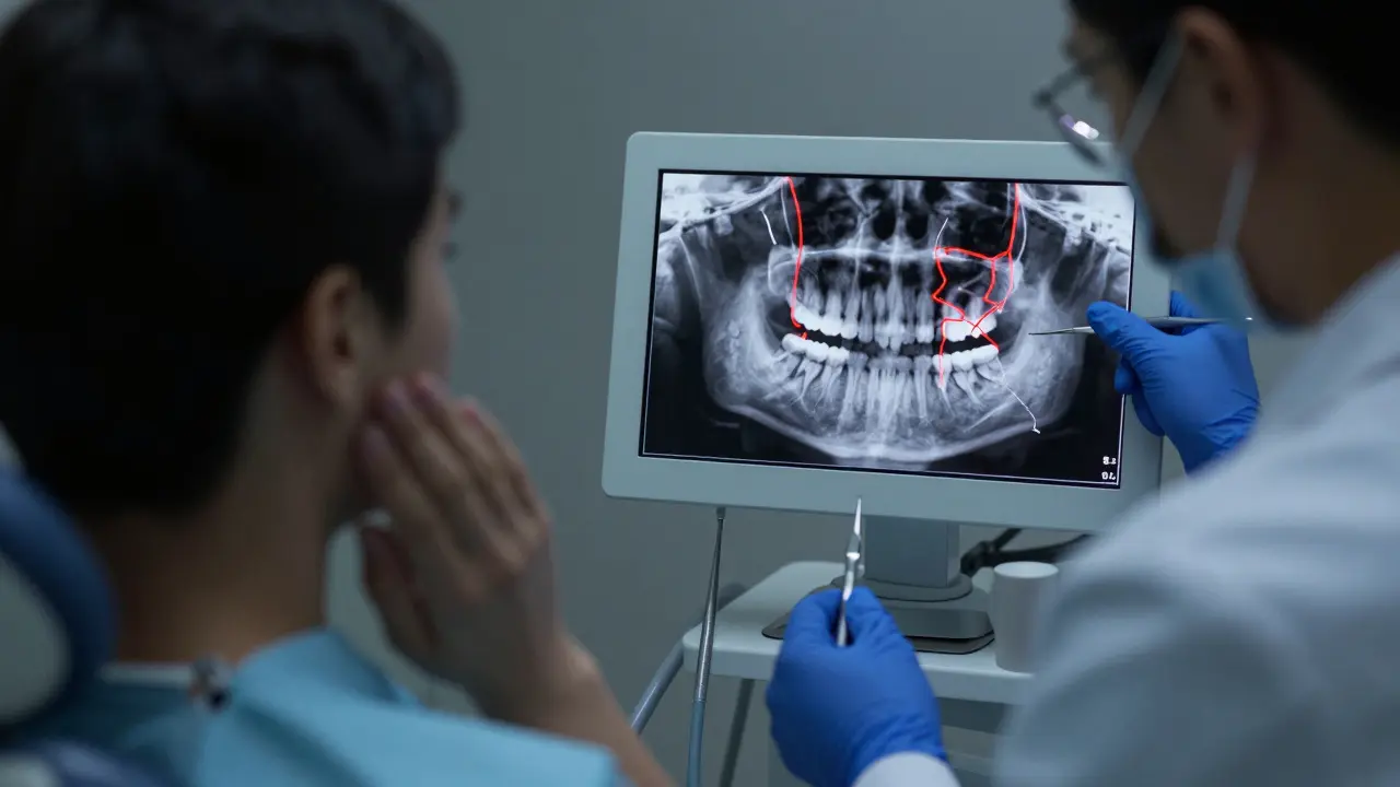 Zubní lékař sleduje 3D tomografii zubu s viditelnou trhlinou, pacient se dotýká tváře s obavou.