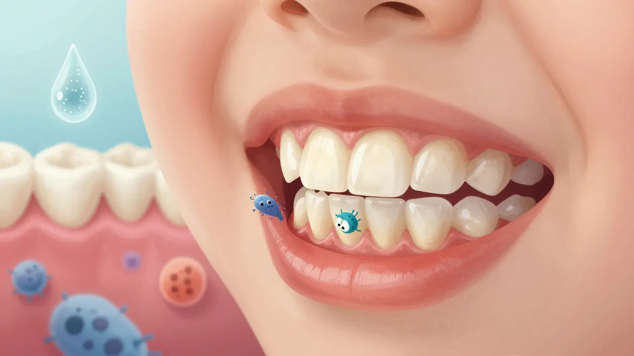 Zvětšený pohled na zuby dítěte s viditelným plakem přeměňujícím se na zubní kámen u dásní.