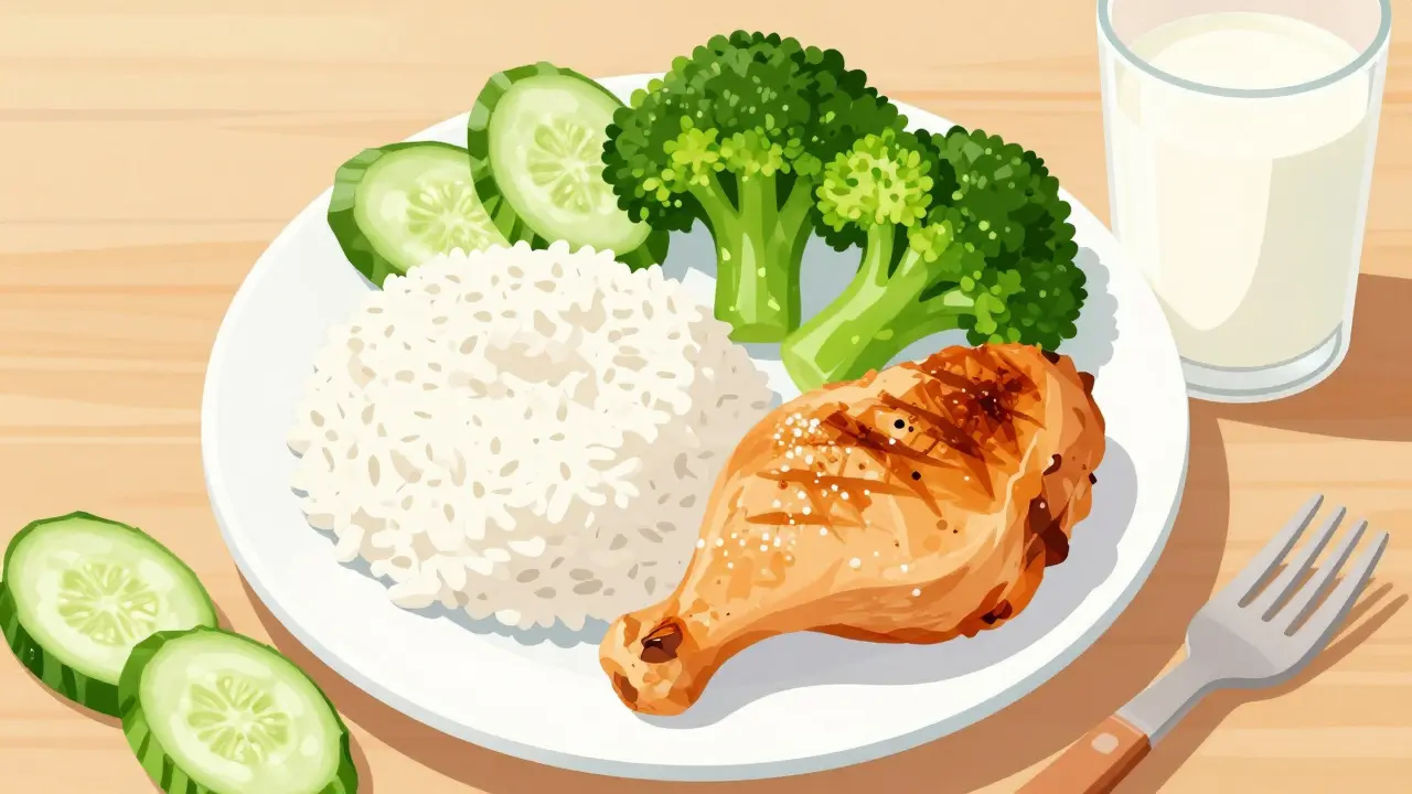Bílé potraviny na talíři: rýže, kuře, brokolice, okurky, mléko.