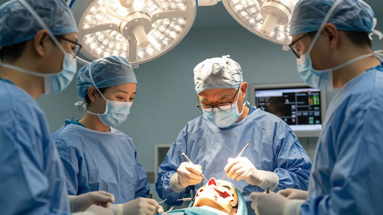 Chirurg v nemocnici provádí rekonstrukci obličeje s využitím 3D modelu.