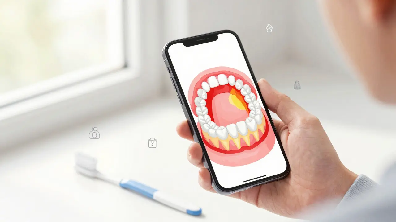 Chytrý telefon zobrazuje analýzu zubů a dásní s barevnými zónami plaku a zánětu, přirozené osvětlení, jemný úsměv.