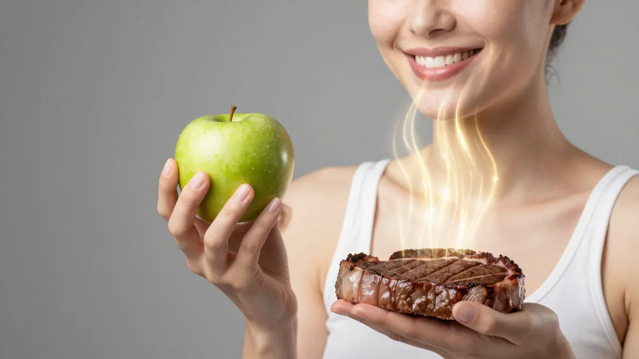 Člověk se směje a jí jablko a hovězí steak, symbolizující obnovení žvýkání, výživy a sebejistoty.