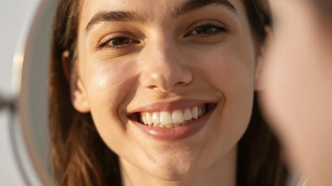 Člověk se usmívá do zrcadla s dokonale zarovnanými zuby, bez kovových rovnátek, v teplém světle.