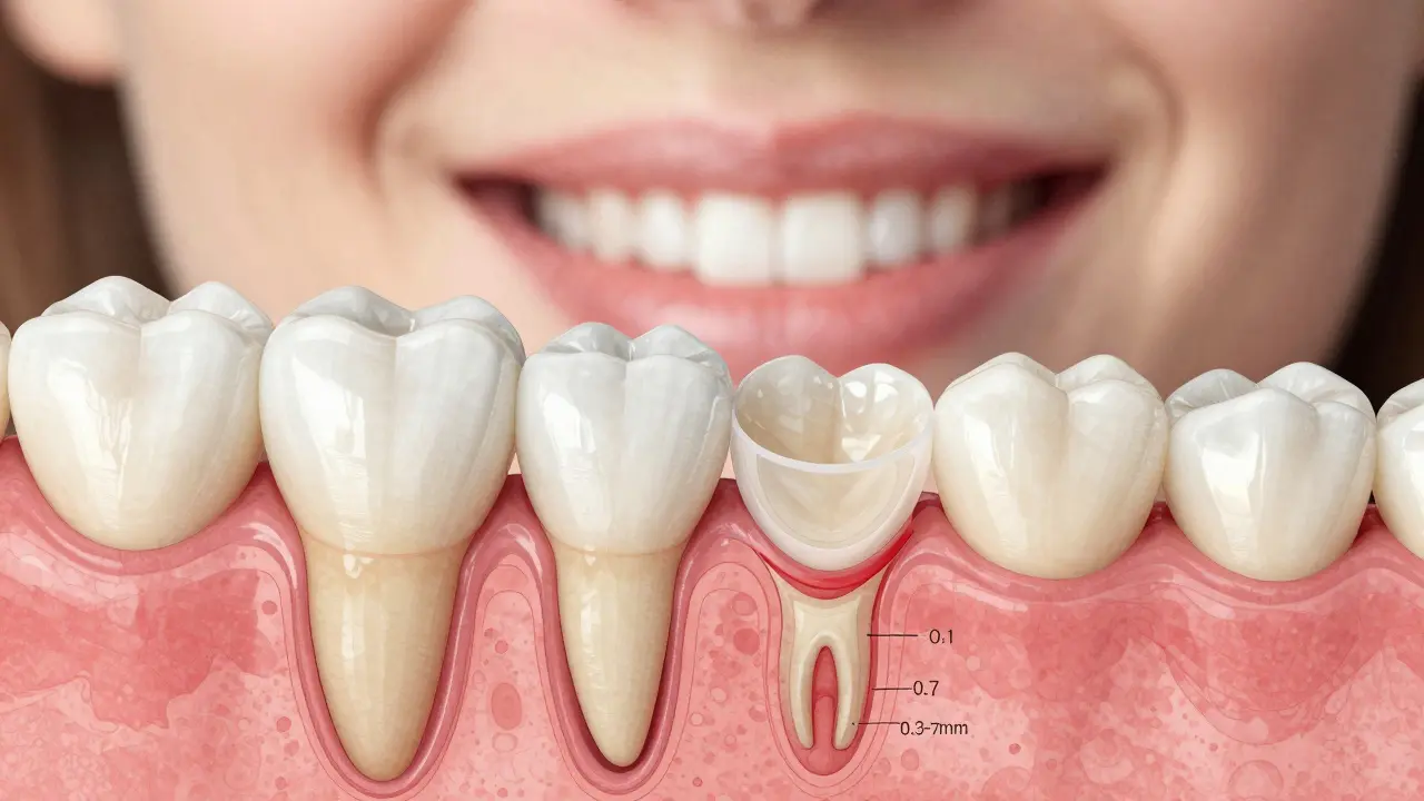 Cross-section of a tooth showing minimal enamel removal and a ceramic veneer fitting precisely.