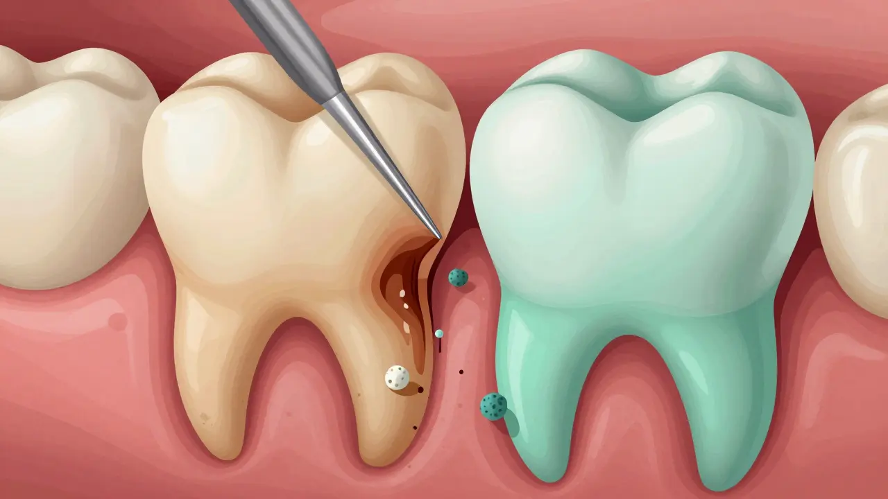Cross-section showing infected gum pocket being cleaned during curettage.