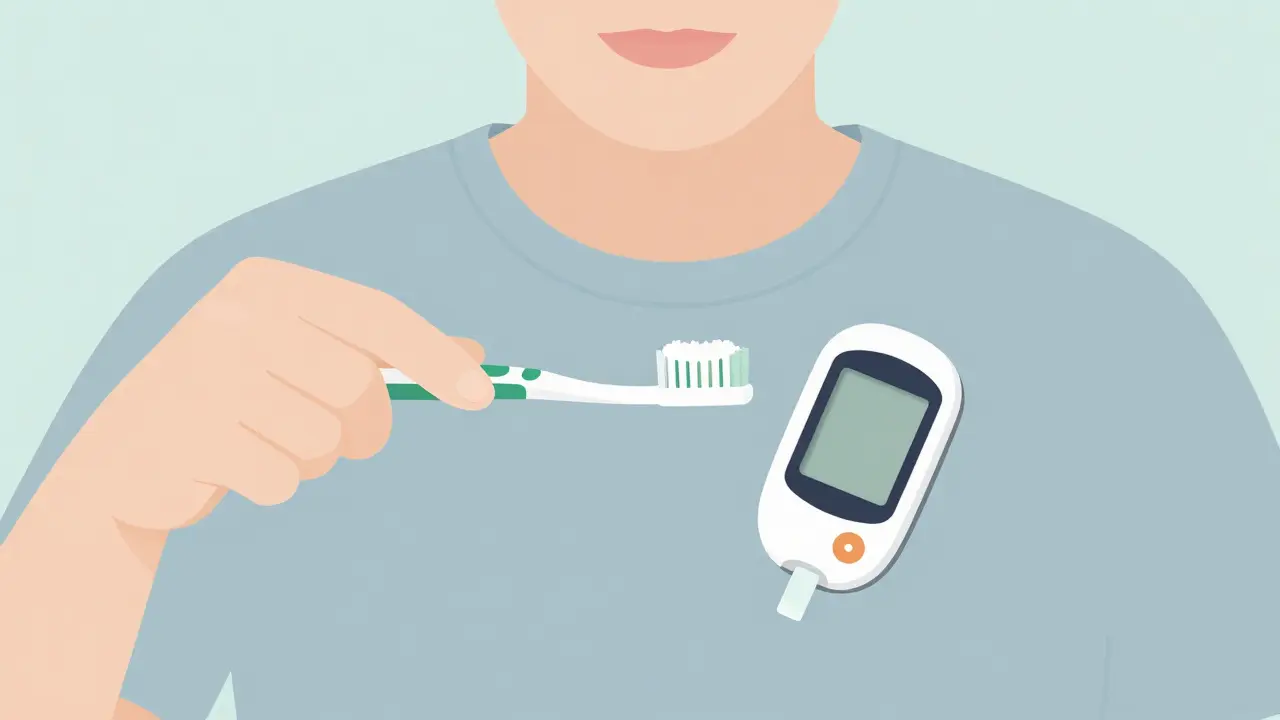 Diabetik čistí zuby při kontrole hladiny cukru.