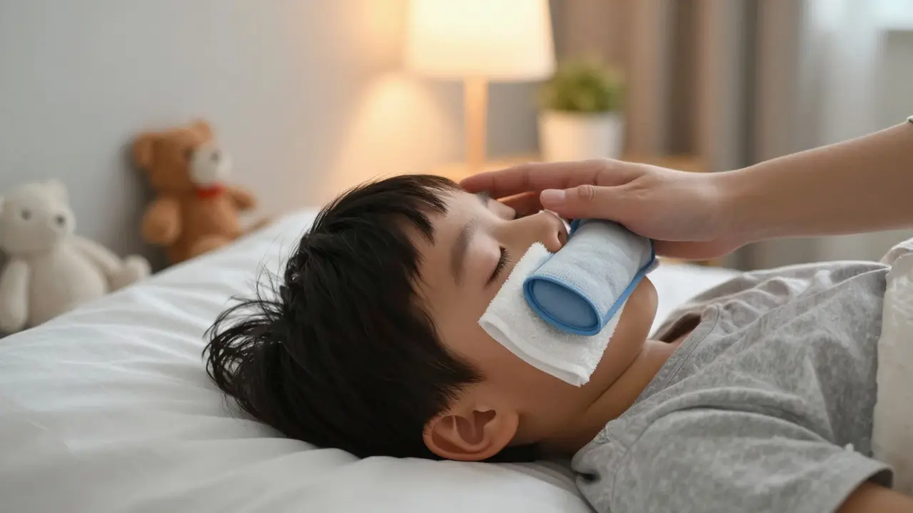 Dítě klidně leží na lůžku s chladným sáčkem na tváři, rodič ho jemně podržuje.