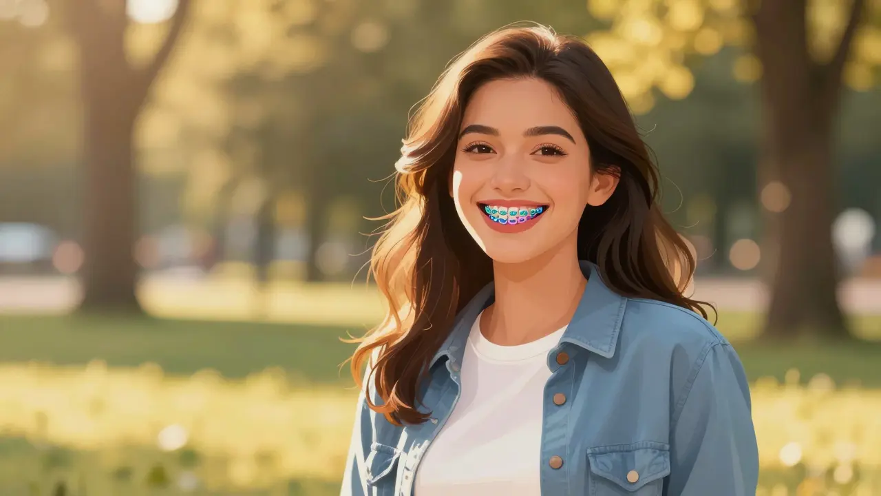 Dívka se úsměvá s barevnými gumkami na rovnátkách, plná sebejistoty.