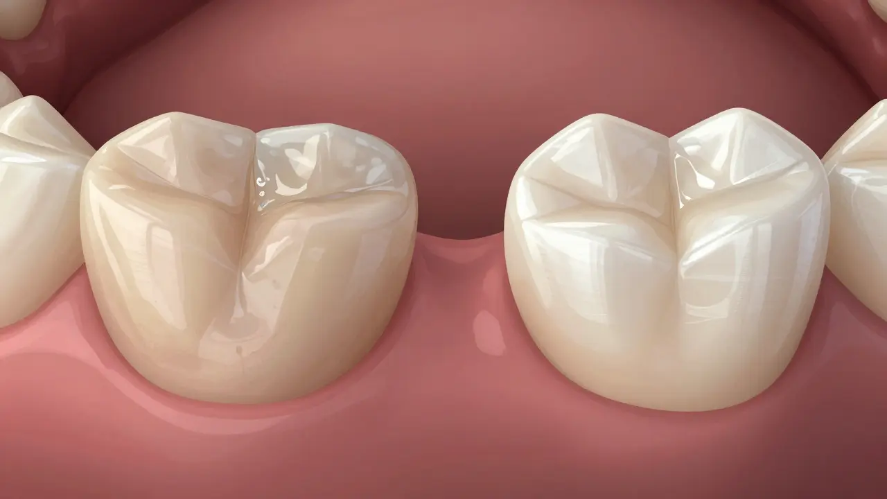 Dva typy oprav předního zubu: špatné plnění a kvalitní koruna vedle sebe.