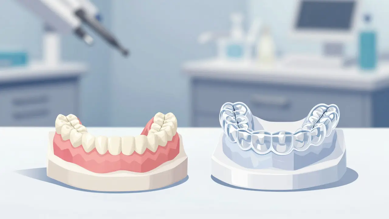 Dva typy retentorů: pevný drát na vnitřní straně zubů a průhledný vyjmavitelný retentor na podnosu.