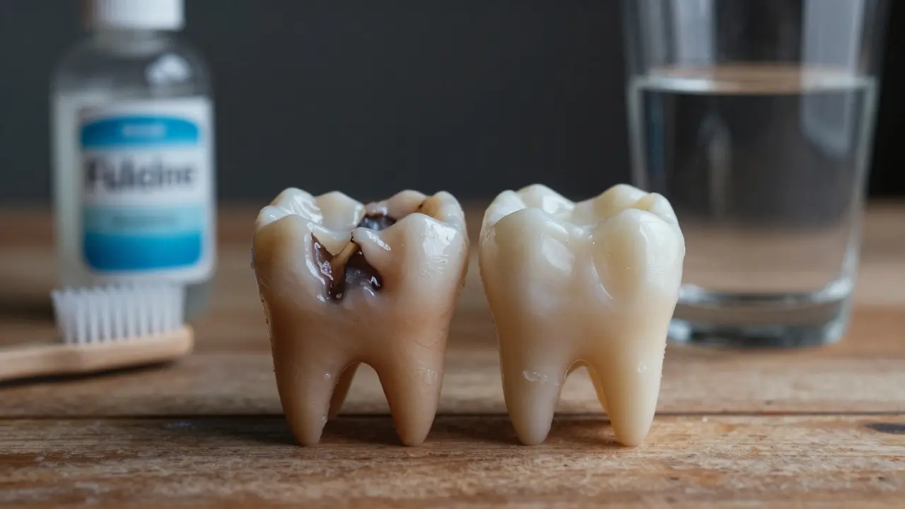 Dva zuby vedle sebe: jeden poškozený, druhý zpevněný s ochrannou vrstvou