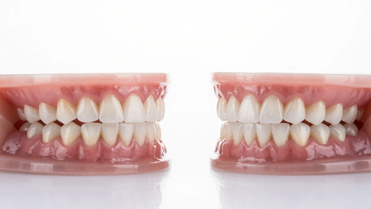 Dvě srovnávací úsměvy: neharmonický vs. přirozeně vyvážený úsměv s fazetami.