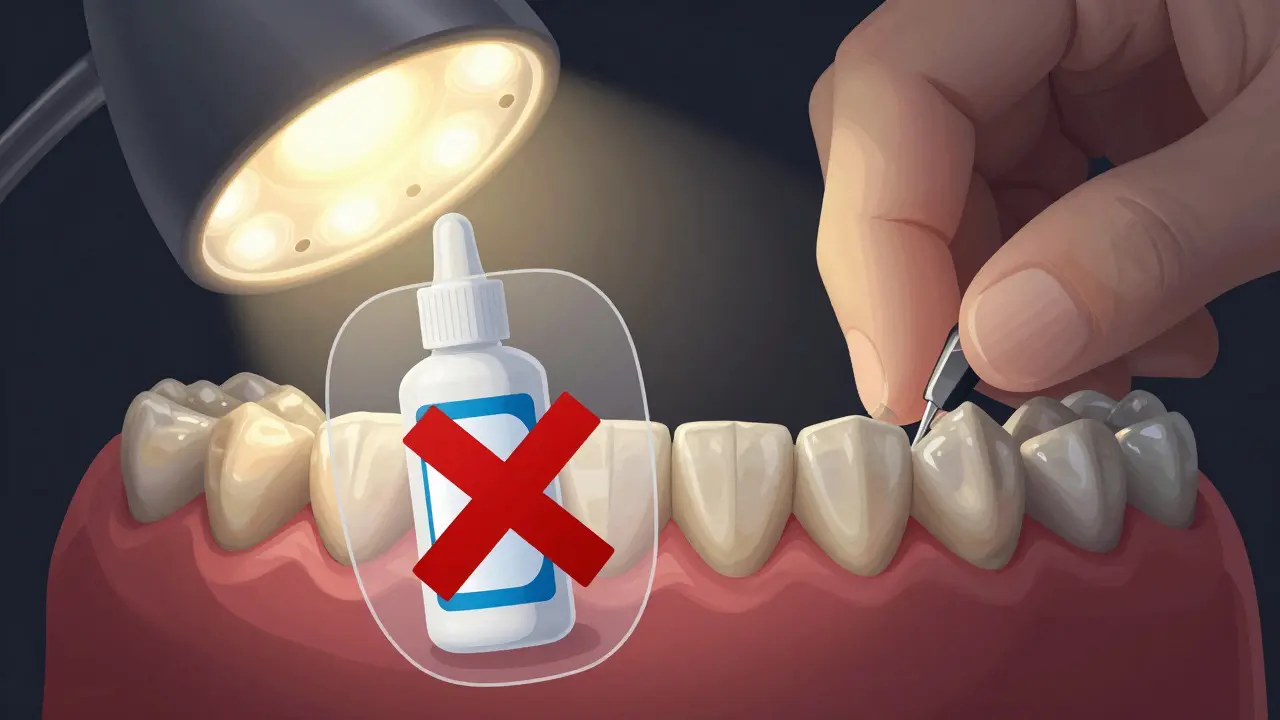 Fazeta jako maska s křížem nad vybělovacím gelem a novými fazetami v pozadí.