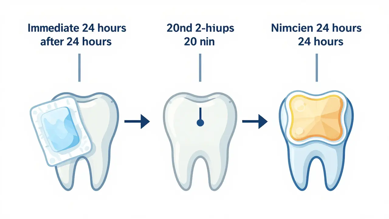 Ilustrace postupu ledování po vytržení zubu v prvních 24 hodinách s časovými intervaly.