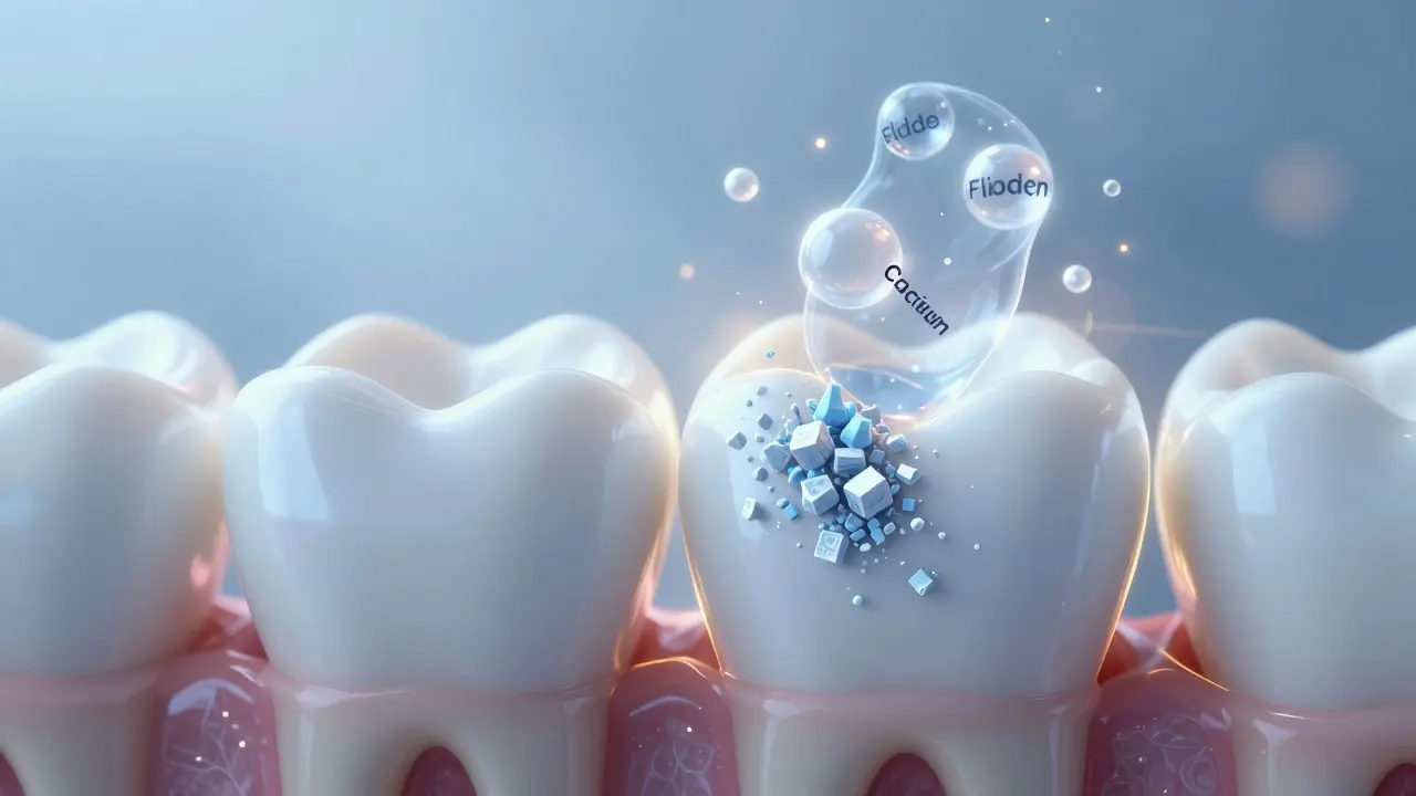 Křížový řez zubu s minerály, které obnovují sklovinu