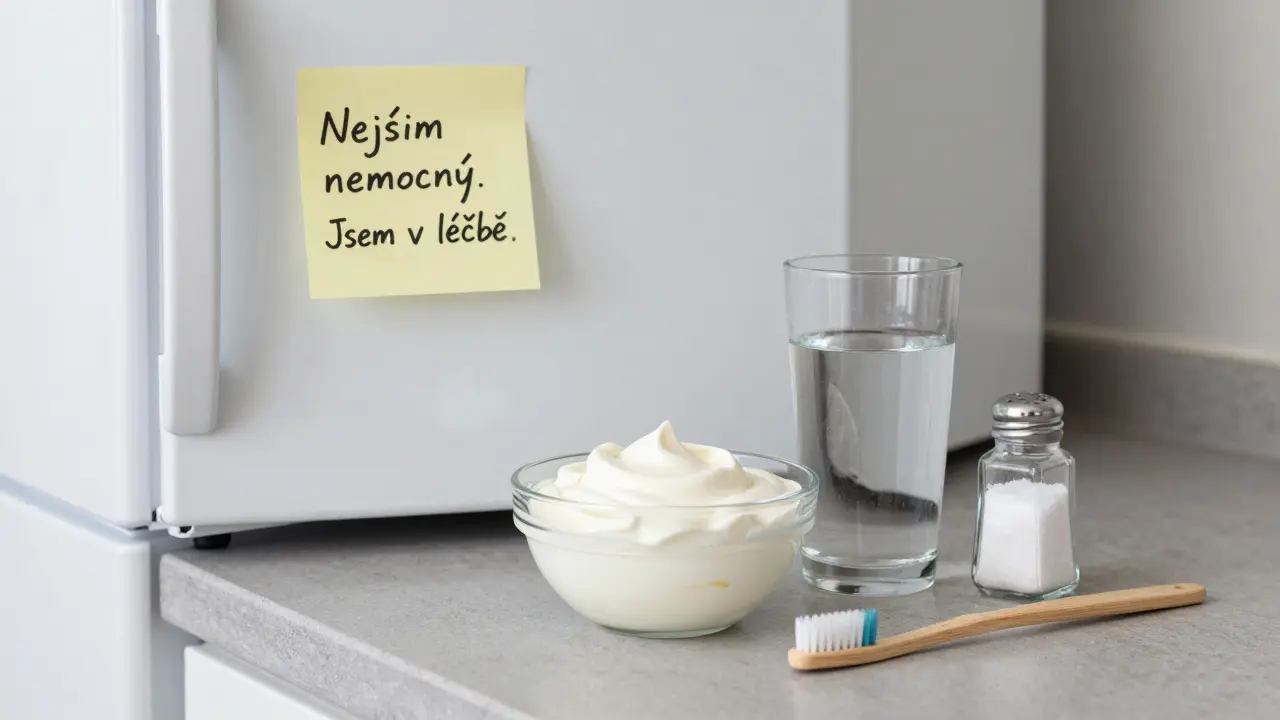 Měkké jídlo, voda a solná voda na kuchyňském stole s pozvánkou k hojení.