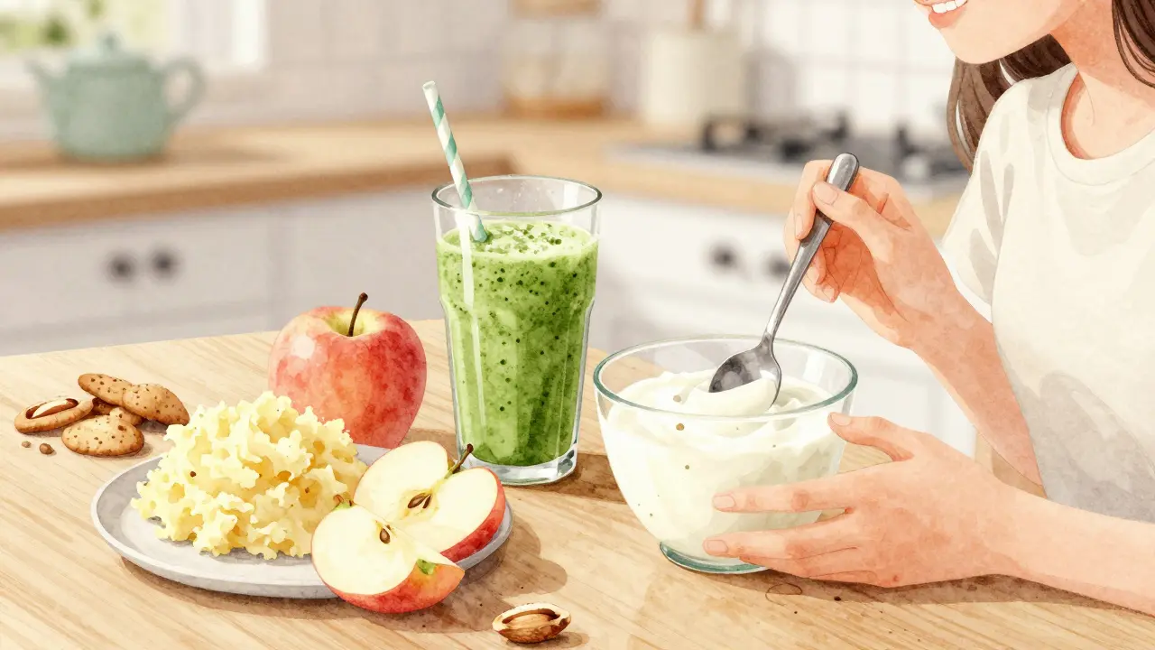 Osoba pije smoothie a jí jogurt s měkkými potravinami pro rovnátka.