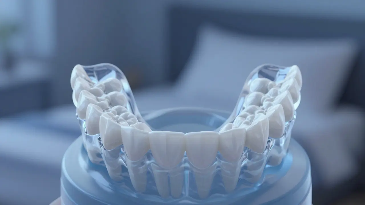 Osoba spí s nočním zubním štítkem.