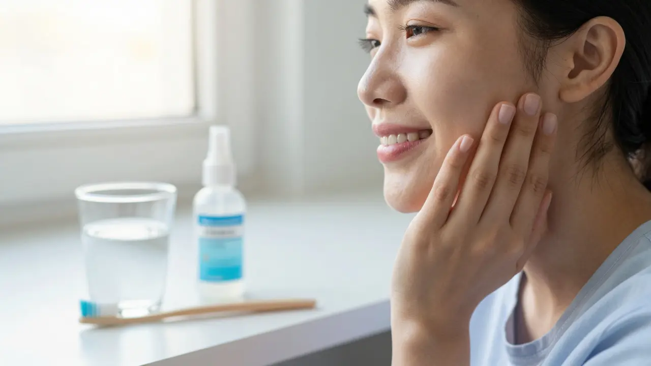 Patient smiling after curettage with oral care products on counter.