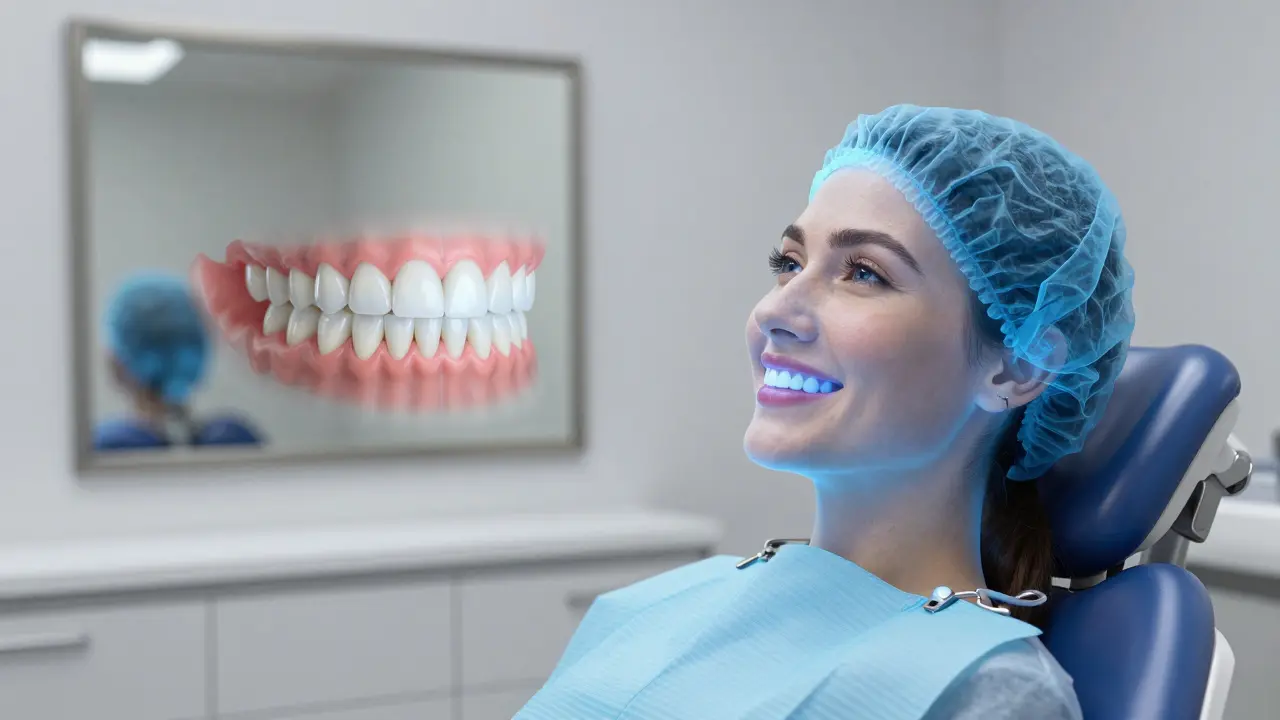 Patient smiling with temporary veneers while viewing a digital preview of their new smile.