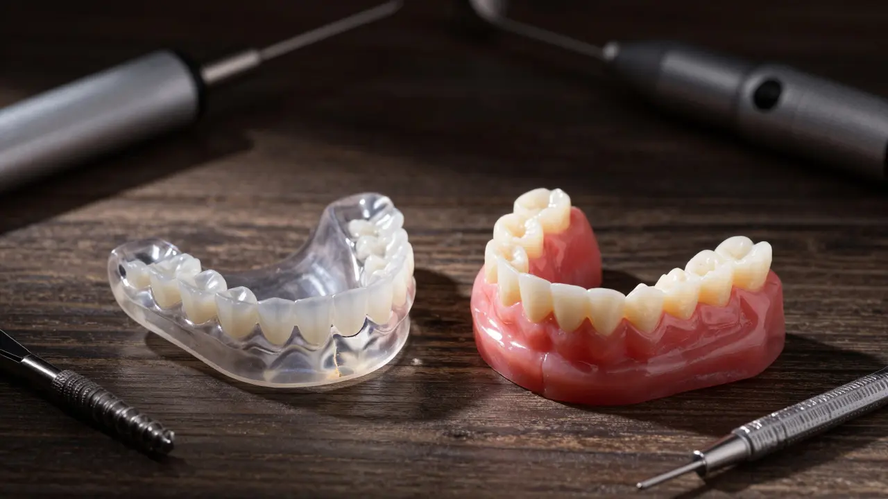 Porovnání kvalitní zirkoniové protézy a levné akrylové, znázorňující dlouhodobou hodnotu.