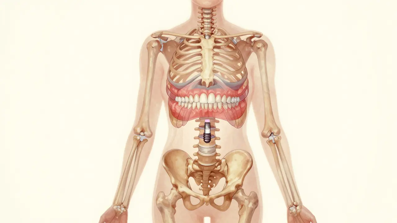 Postava s ideální posturou, kde stabilizace čelisti pomocí implantátu podporuje celou páteř a krk.
