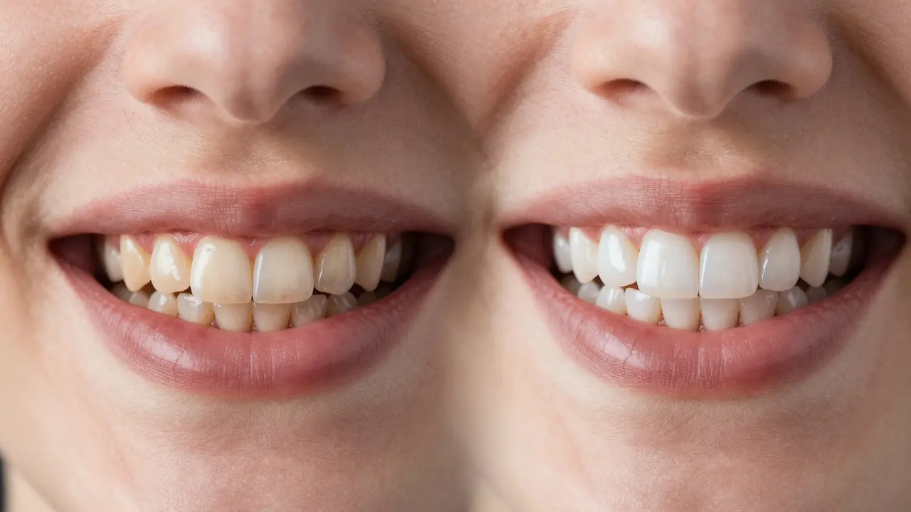 Před a po: zbarvené zuby vs. zuby s estetickými fazetami v jednom obrazu.