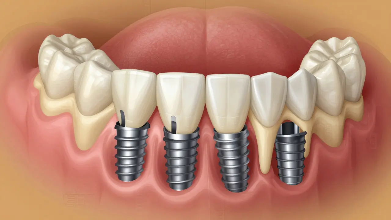 Příčný řez čelistí s čtyřmi implantáty a trvalou zirkoniovou protézou, znázorňující stabilitu.