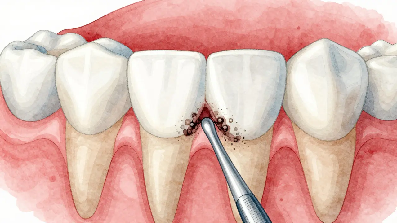 Průřez zubů s odstraněným plakem mezizubním kartáčkem.