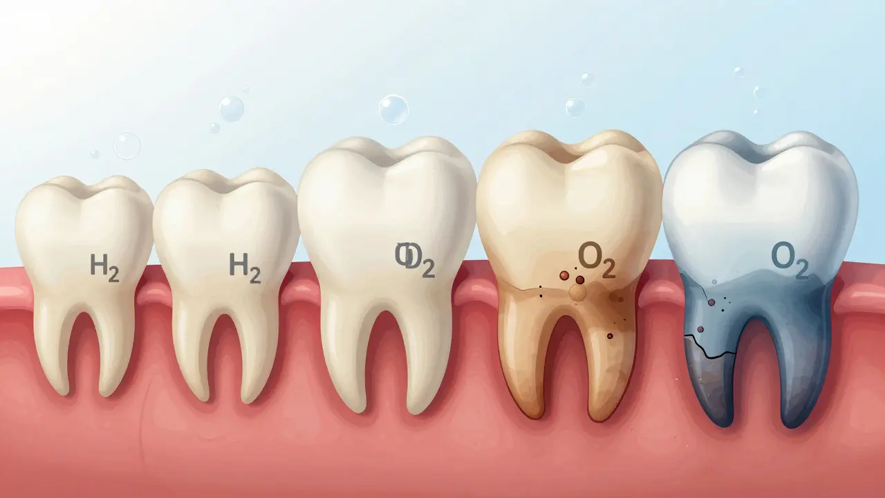 Průřez zubu ukazující, jak peroxid vodíku rozkládá skvrny v emalí.