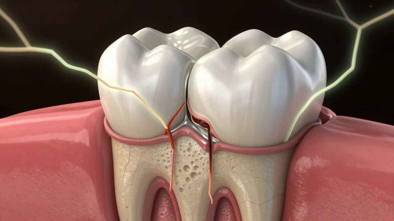 Průřez zubu ukazující pronikání bělícího gelu do dentinu a ztrátu minerálů ve smaltu.