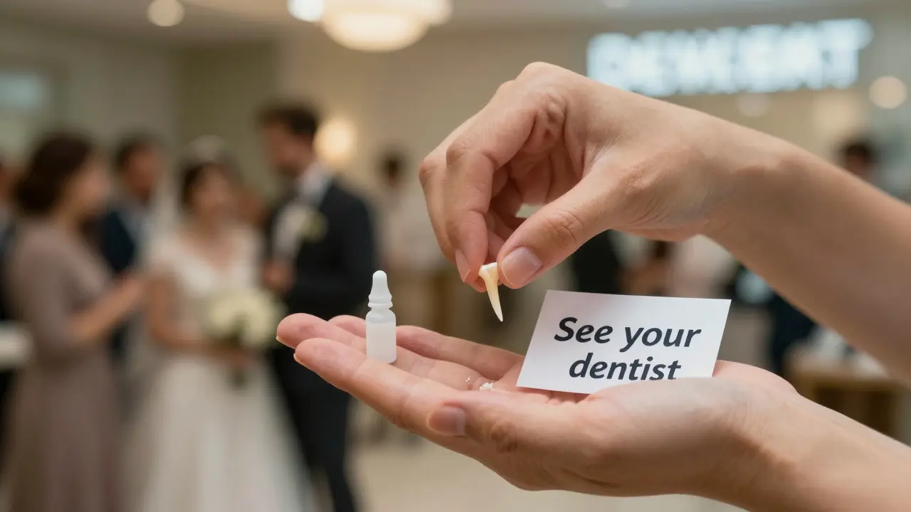 Ruka drží odstraněný dočasný zub vedle lepidla, z pozadí se vynořuje zubní klinika.