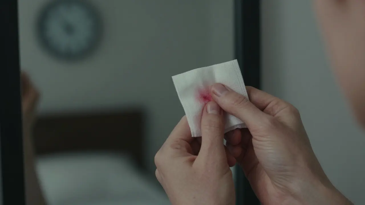 Ruka s gázou na ústech, mírné krvácení a hodiny ukazují první 24 hodin po kyretáži.