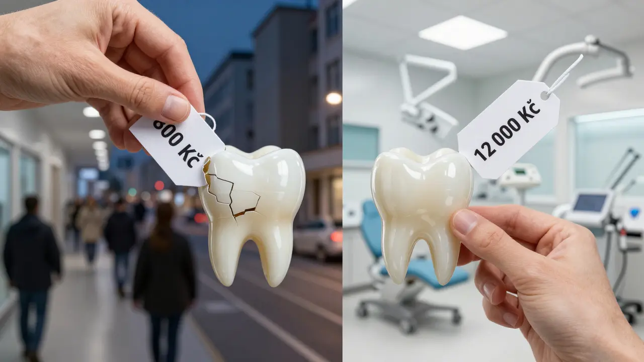 Srovnání cen opravy zubu: levná vs. kvalitní řešení s vizuálním kontrastem klinik.