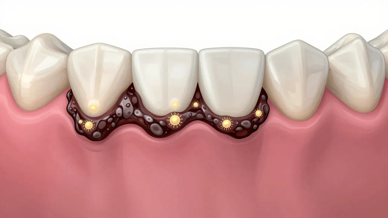 Tartar buildup along gumline with bacteria, contrasted against healthy tooth enamel and gums.