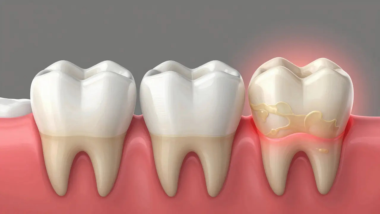 Timeline showing progression from clean tooth to calculus buildup with inflamed gums.