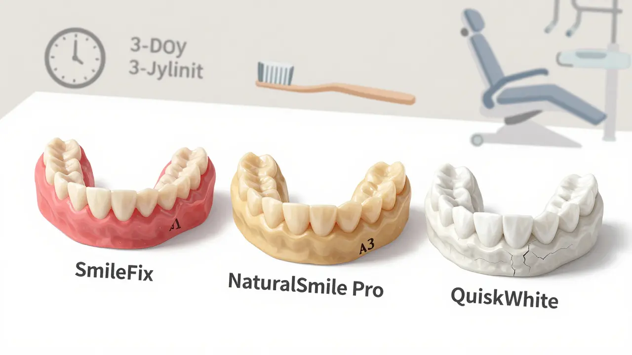 Tři typy dočasných zubních protéz s různými materiály a odstíny leží na bílé podložce.