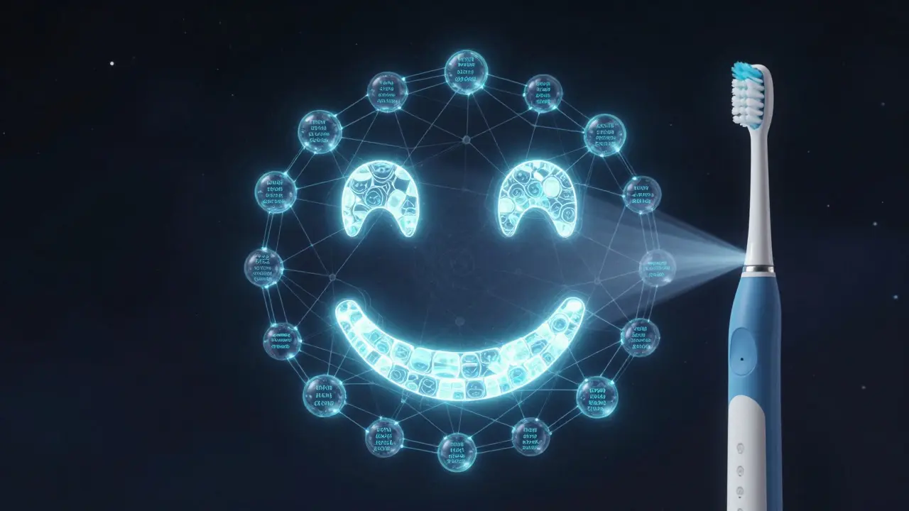 Tvář složená z blikajících datových uzlů představujících zdraví zubů, v ruce chytrý zubní kartáček, futuristický styl.