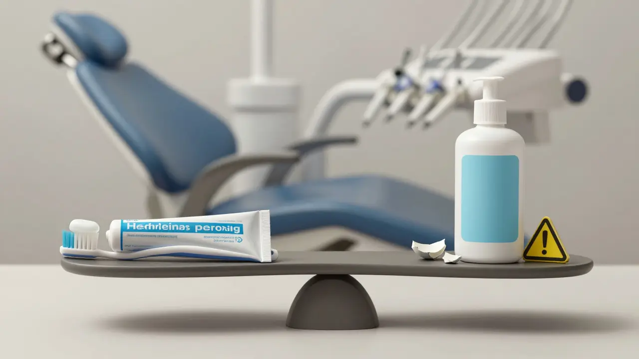 Váha srovnávající bezpečné a nebezpečné metody bělení zubů.