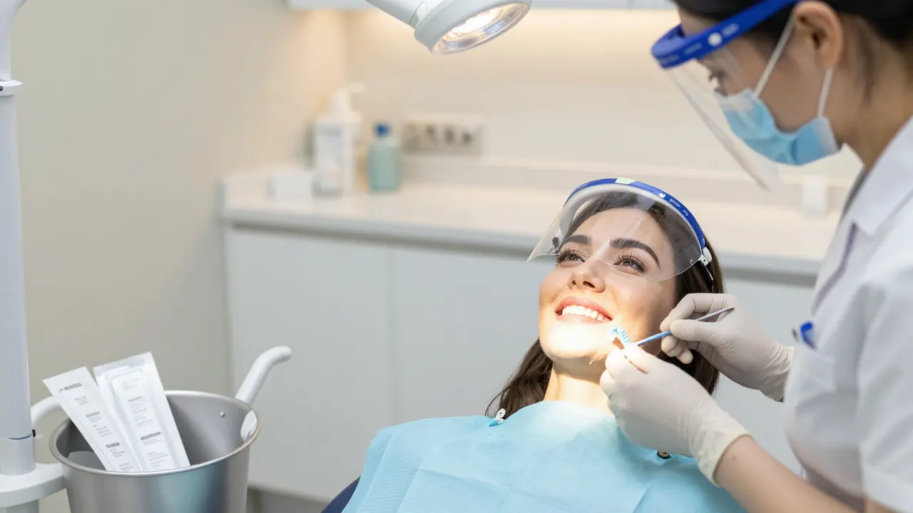 Zubní lékař provádí profesionální bělení zubů s ochrannými šablonami, zatímco domácí sady jsou v odpadku.