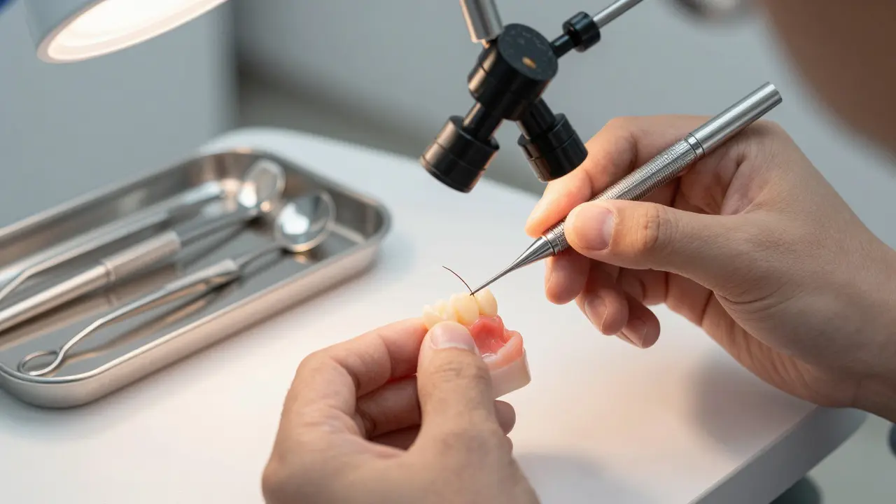 Zubní technik připevňuje tenkou keramickou fazetu na zub v klinice s přesnými nástroji.