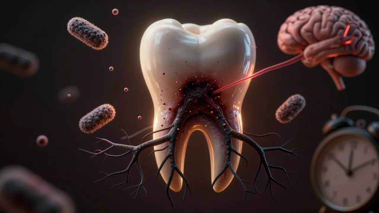 Abstraktní obrázek zubu s infekcí šířící se do čelisti a mozku, symbolizující nebezpečí zanedbávání bolesti.