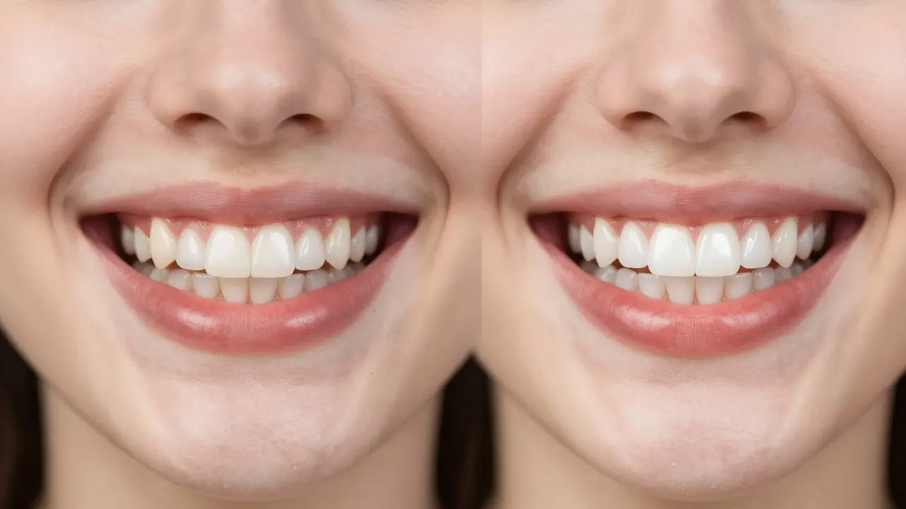 Before and after comparison of a smile with and without porcelain veneers.