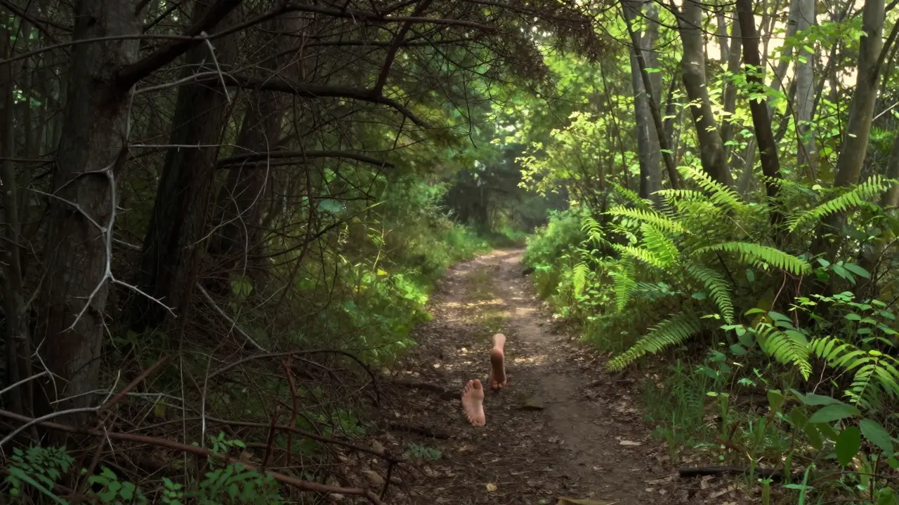 Cesta skrz les: jedna strana temná a křečovitá, druhá osvětlená a rostoucí — symbolizuje obnovu po rekonstrukci chrupu.